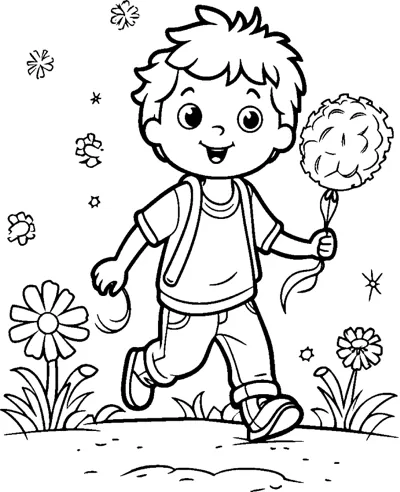 A boy runs through a flower field holding a fluffy dandelion.