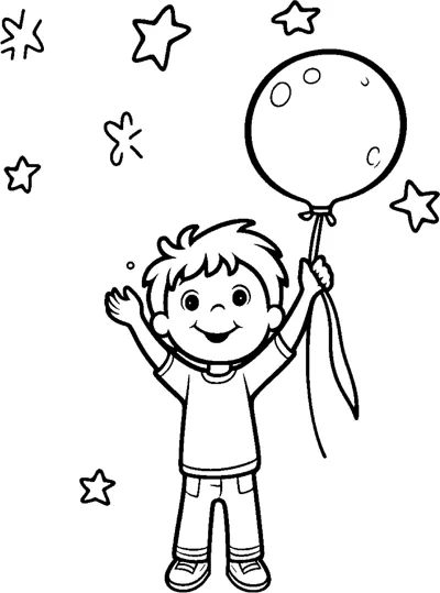 A small boy holds a balloon and waves while stars float above.