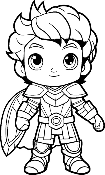 A spiky-haired boy in armor and a cape holds a shield at his side.