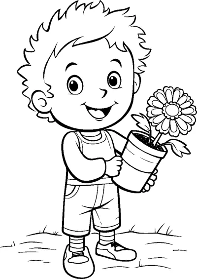 A spiky-haired boy holds a pot with a big daisy on a grassy patch.