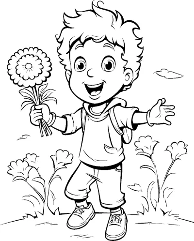 A boy holds a bunch of flowers in one hand with other arm outstretched in a garden.