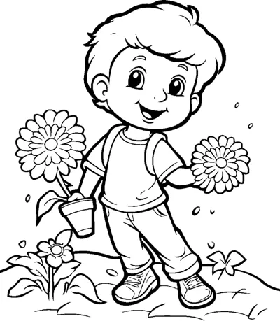 A boy holds a flower while standing between two large daisies in a garden.