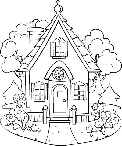 A small cottage with a pointed roof sits among trees and bushes with a front path.