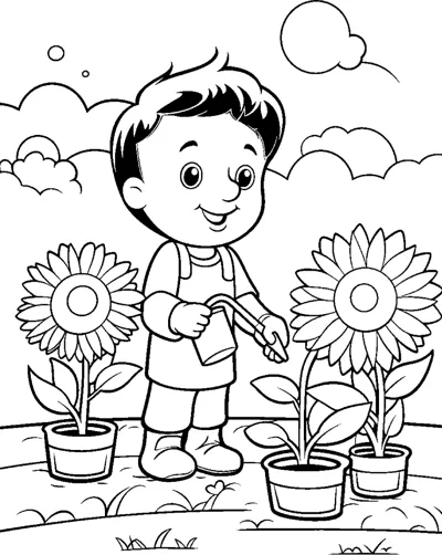 A boy holds a watering can among pots of tall sunflowers under clouds.