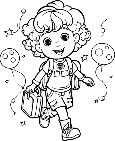 A curly-haired boy with a backpack carries a lunchbox while balloons float nearby.