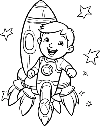 A boy sits in a rocket with flames below as stars fly past.