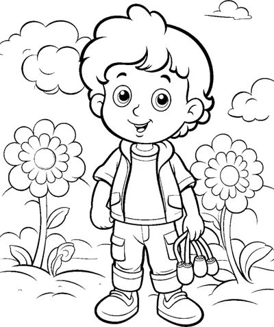 A boy in a vest stands in a garden with daisies on both sides.