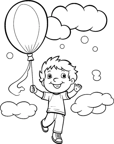 A boy skips while holding one balloon as clouds and bubbles float around him.