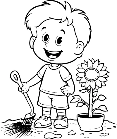 A boy holds a shovel beside a pile of soil and a potted sunflower.
