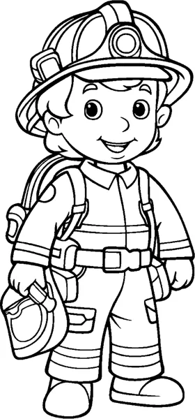 A boy in a firefighter helmet and uniform carries a hose and air tank.