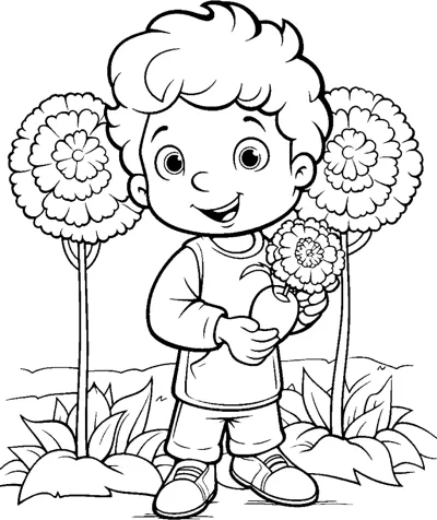 A curly-haired boy holds a flower while two tall round blooms grow beside him.