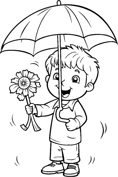A boy holds an umbrella in one hand and a flower in the other.