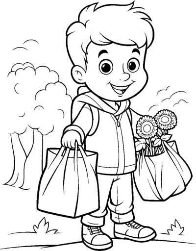 A boy in a hooded top carries two shopping bags, one holding flowers, past trees.