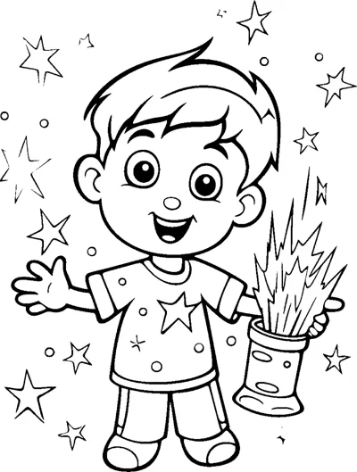 A boy in a star shirt stands beside a jar shooting sparks as stars fill the sky.
