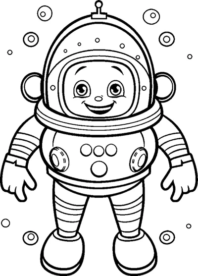 A boy in a round bubble-helmet spacesuit stands with arms out among bubbles.