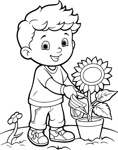 A boy reaches toward a tall sunflower growing in a pot on grass.