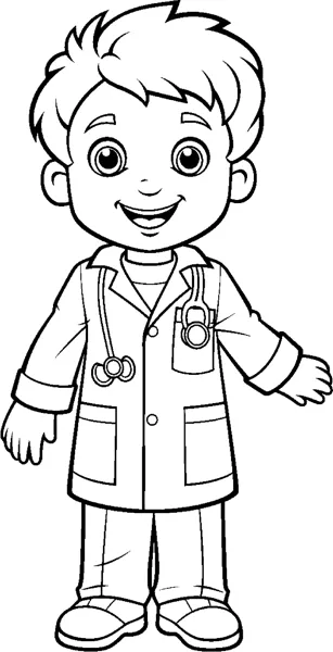 A boy in a doctor's coat wears a stethoscope and stands with one arm out.