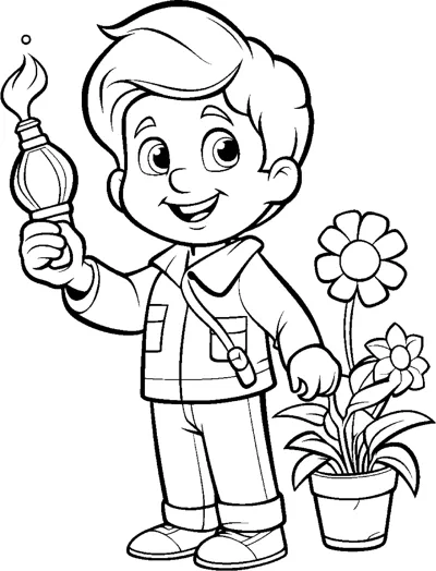 A boy holds up a garden trowel next to a pot of blooming flowers.