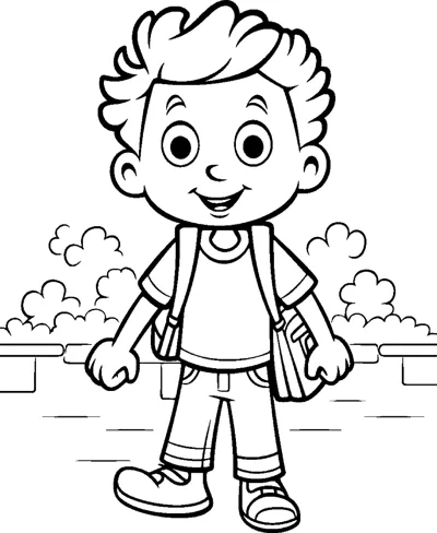 A curly-haired boy with a satchel stands on a path with clouds behind.