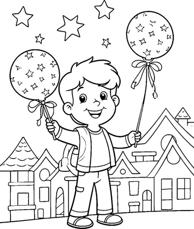 A boy holds two star-patterned balloons in front of a row of houses.