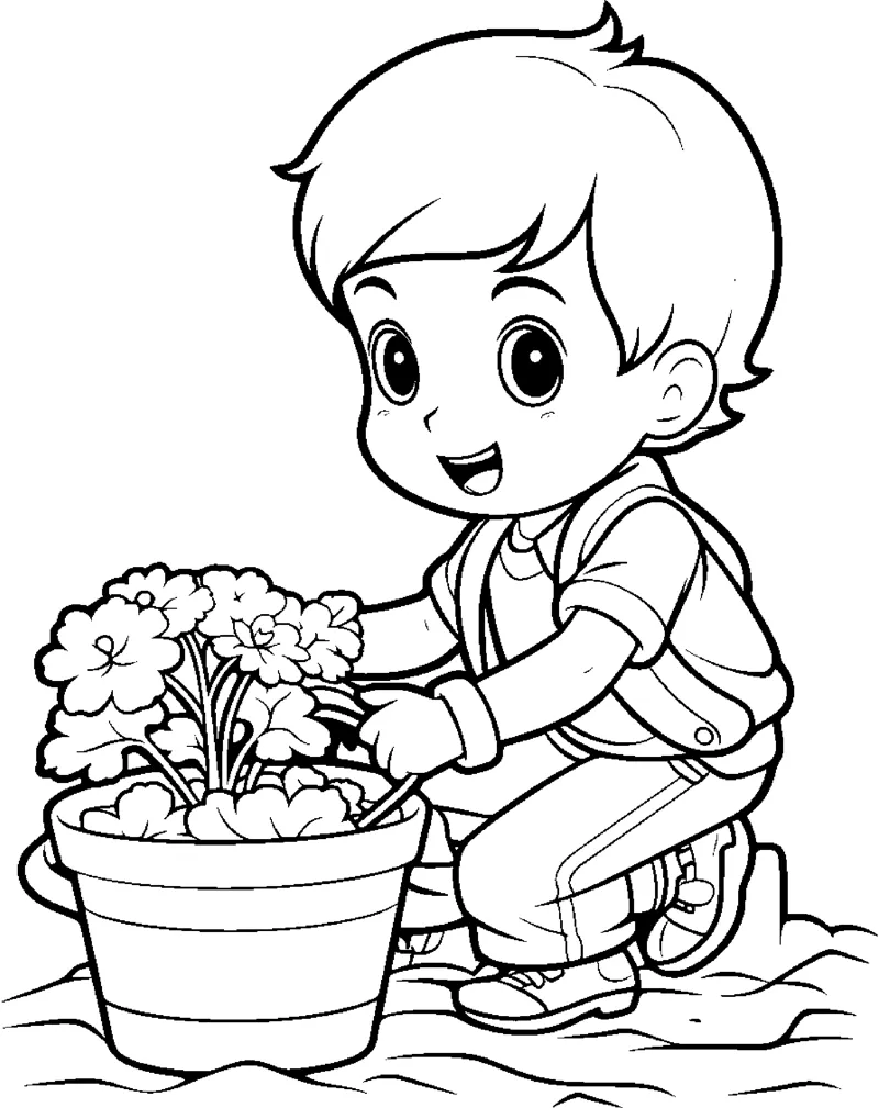 A boy kneels next to a large pot full of flowers.