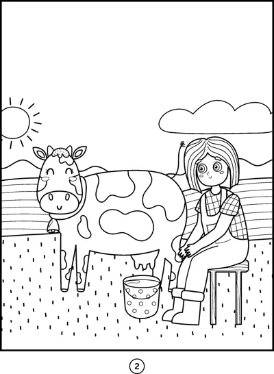 A girl sits on a stool beside a spotted cow with a bucket under a sunny sky.