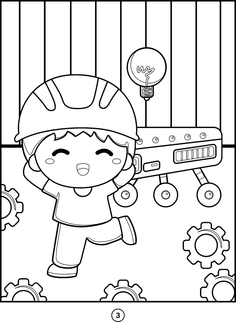 A laughing boy in a hard hat runs past gears and a machine with a light bulb.