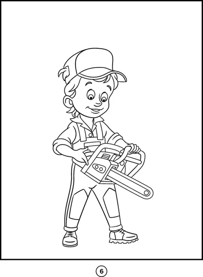 A boy in a cap and overalls holds a chainsaw with both hands.