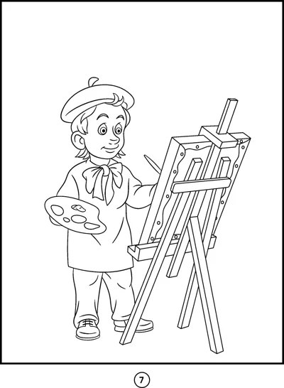 A child in a beret holds a palette and paints on a tall easel.