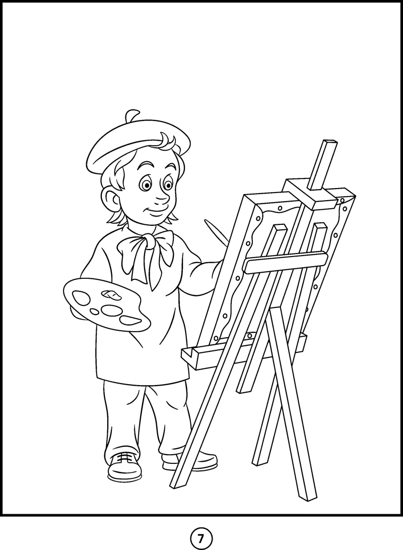 A child in a beret holds a palette and paints on a tall easel.