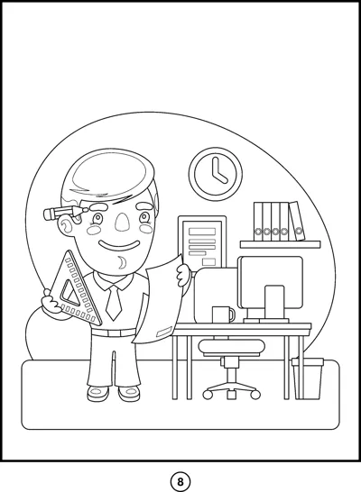 A man with a pencil behind his ear holds a set square near a desk and computer.