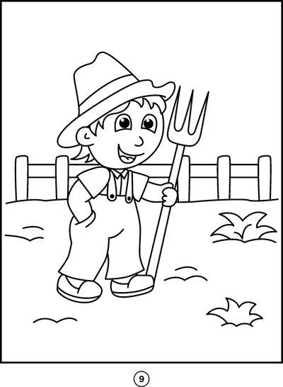 A boy in a hat and overalls holds a pitchfork in front of a fence.