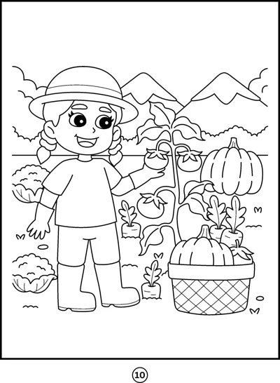 A girl in a hat stands by a pumpkin patch with a basket of vegetables.