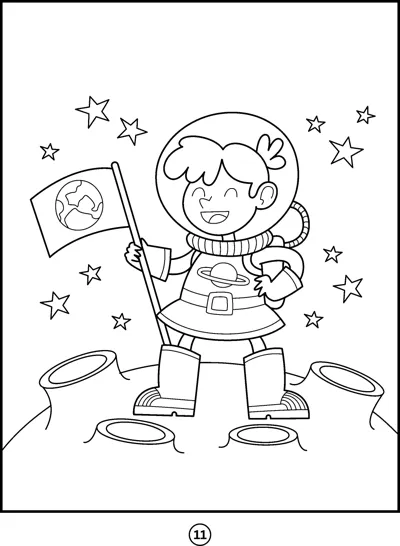 A child astronaut holds a flag on a cratered moon surface among stars.
