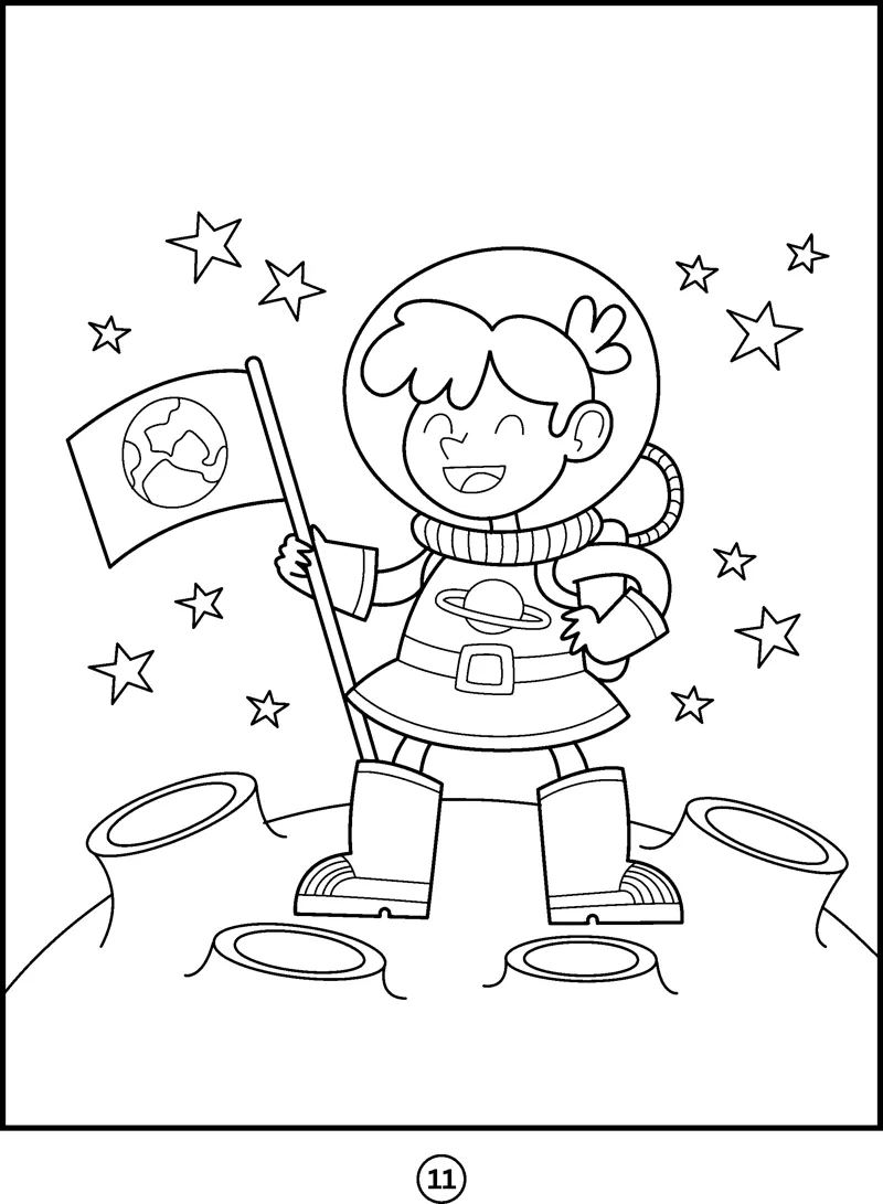 A child astronaut holds a flag on a cratered moon surface among stars.