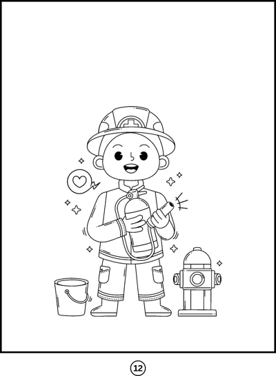A child in a firefighter helmet holds an extinguisher beside a hydrant and bucket.