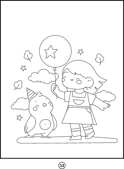 A girl holds a star balloon while a small bird in a party hat stands beside her.