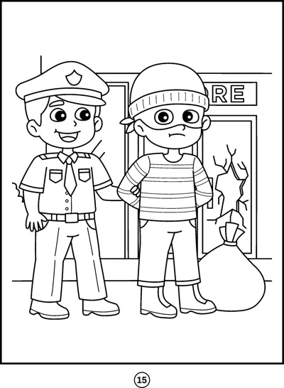 A police officer stands beside a masked robber holding a sack near a shop.