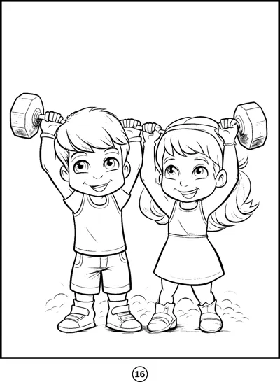 A boy and a girl each lift a dumbbell over their heads on the grass.