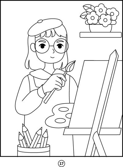 A girl with glasses and a beret holds a brush beside an easel, palette, and pencils.