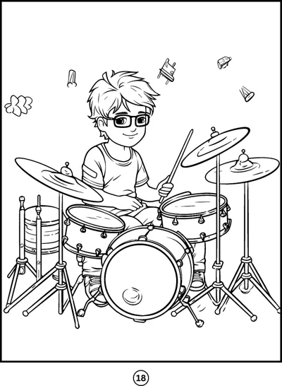 A boy in glasses plays a full drum kit with cymbals and drumsticks.