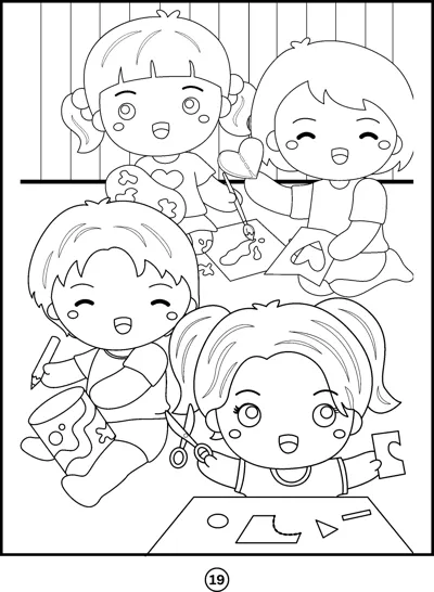Four smiling children sit together cutting and drawing on paper.