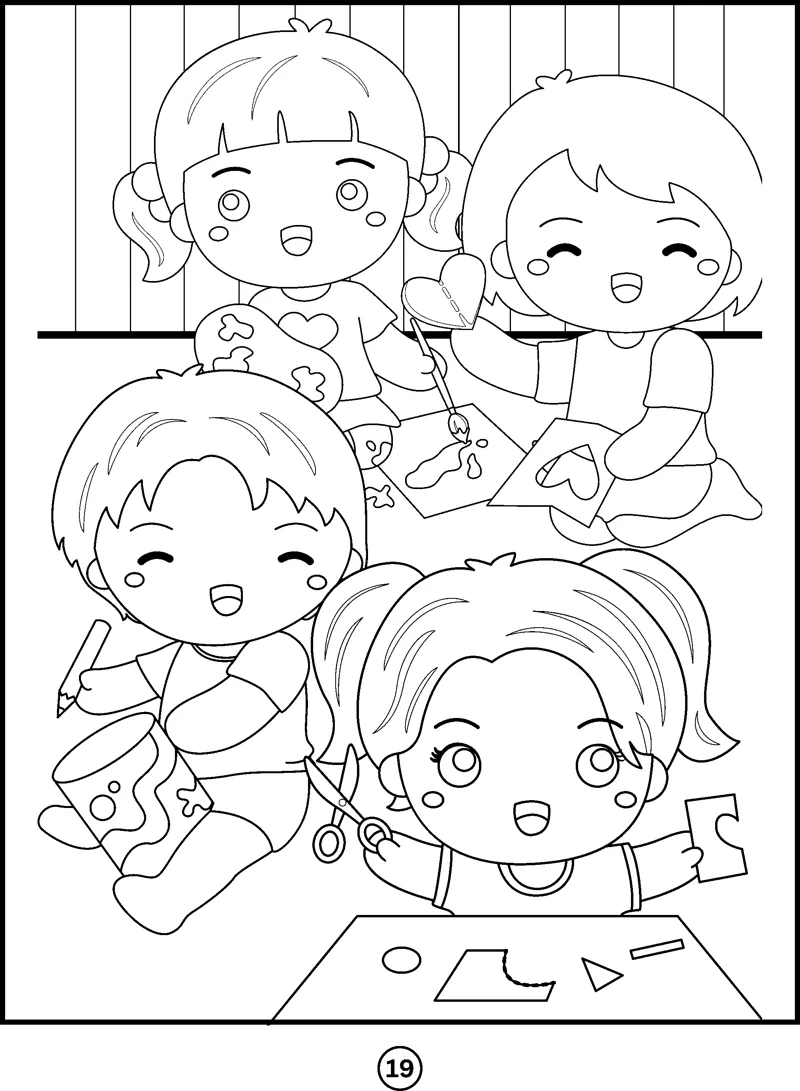 Four smiling children sit together cutting and drawing on paper.