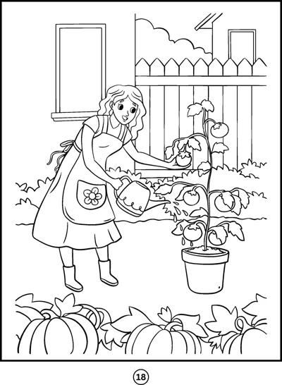 A girl waters a potted tomato plant near pumpkins and a wooden fence.