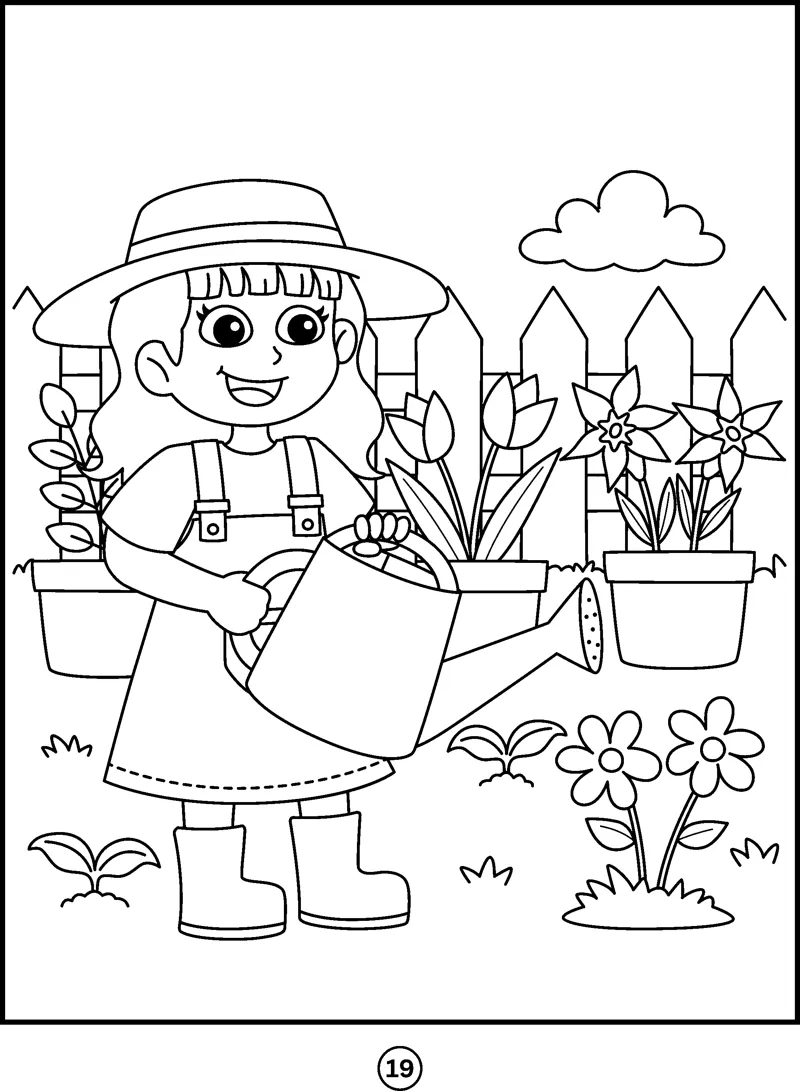 A girl in a sun hat waters flowers in front of a picket fence and clouds.