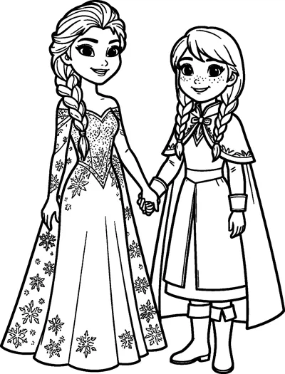 Sisters Elsa and Anna stand side by side holding hands, Elsa in her snowflake gown and Anna in her cloak.
