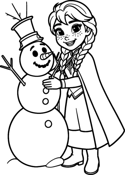 Anna from Frozen hugging a snowman she has built, which has a top hat, twig arms, a carrot nose and a happy face.