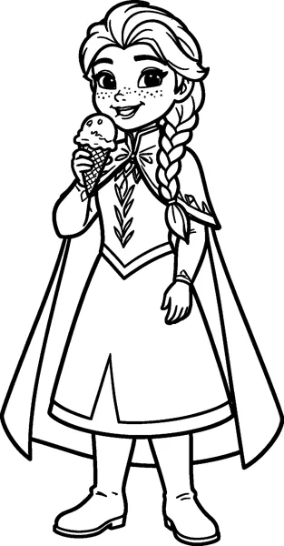 Anna with two braids and a long cloak smiles as she holds up an ice cream cone.
