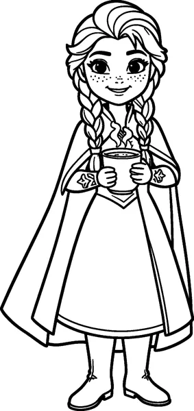 Anna from Frozen holding a steaming mug of hot cocoa in both hands, wearing her cape and boots with her two braids.