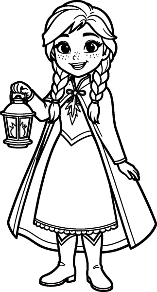 Anna with two braids and a long cloak smiles as she holds up a small square lantern.